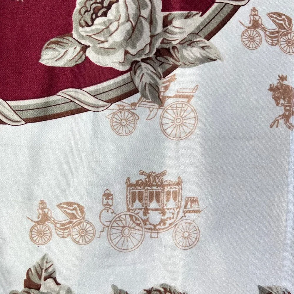NEW Burgundy Red Ivory Roses and Carriages Printed Square Silky Scarf Wrap